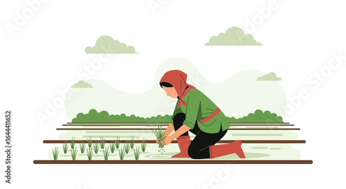Illustration of a female farmer planting rice seedlings in a paddy field with picturesque backdrop