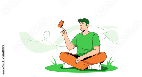 Illustration of a serene man connecting with nature through a butterfly encounter on grass