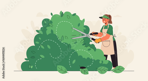 Illustration of a female gardener trimming a bush with shears in a garden scene with dashed lines indicating cutting