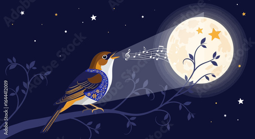 Illustration of a singing bird under the moonlight with musical notes and stars against a night sky background