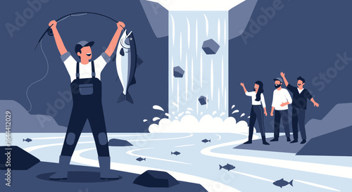 Illustration of a fisherman catching a fish with a waterfall and cheering audience in the background