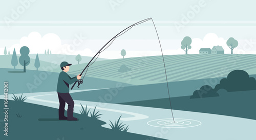 Illustration of a fisherman catching fish in a tranquil river landscape fishing hobby relaxation