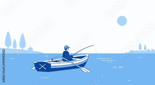 Illustration of a fisherman on a lake in a rowboat enjoying a sunny day fishing
