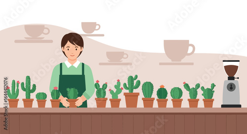 Illustration of a florist tending to his cactus plants in a coffee shop setting