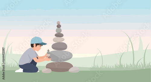 Illustration of a focused boy stacking stones creating a cairn in nature scene