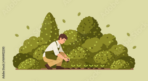 Illustration of a gardener planting seedlings in a lush green garden environment