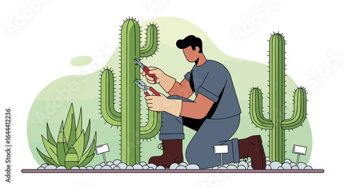 Illustration of a gardener pruning cactus plants in a stylish and minimal design