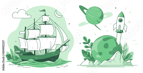 Nautical Adventure with Vintage Ship and Rocket in Cartoon Style Illustration
