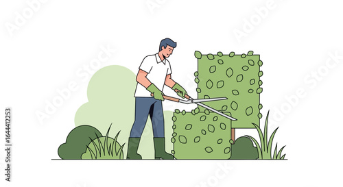 Illustration of a gardener trimming a bush with shears in a well-maintained garden setting