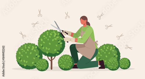 Illustration of a Gardener Trimming Bushes with Gardening Shears in a Peaceful Garden Setting
