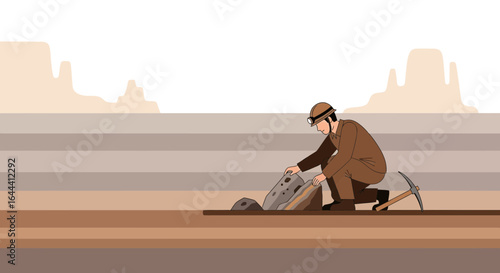 Illustration of a geologist examining a rock formation in a desert landscape geological exploration and scientific research