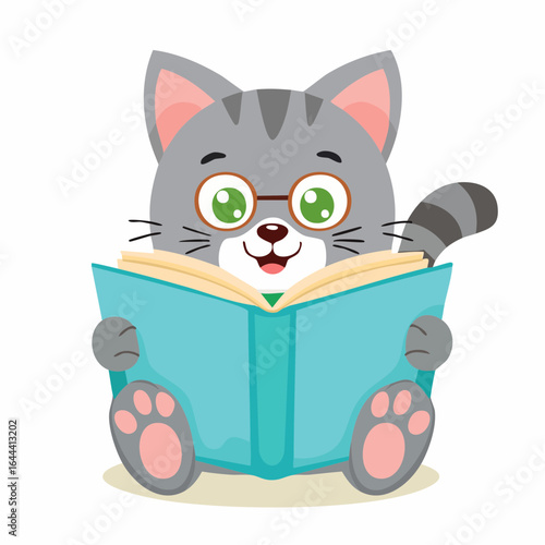 A cheerful gray cat wearing glasses sits contentedly reading a teal book.