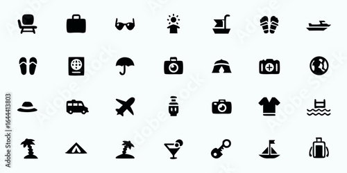 Vacation & Travel Holiday Line Art Vector Icons — Beach, Adventure, Flights, Accommodation, Leisure, and Vacation Essentials

