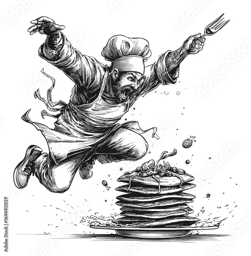 Dynamic Engraving of a Chef in Action with Pancakes and Fork