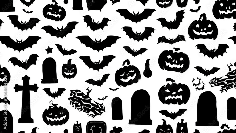 Halloween themed seamless pattern featuring pumpkins, bats, tombstones, and crosses on a white background. Halloween themed seamless pattern featuring pumpkins, bats, tombstones, and crosses on a white background.