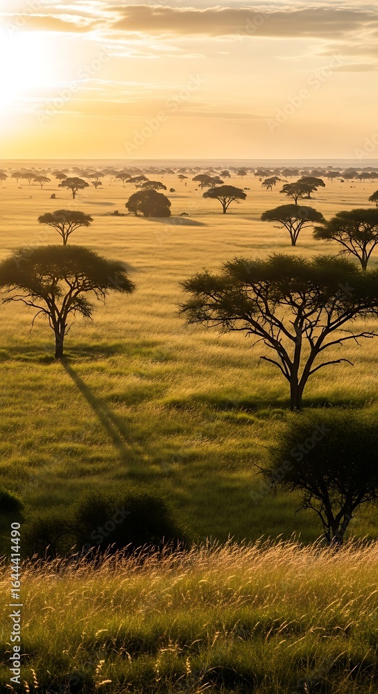Obraz premium Serengeti Sunrise: An African Savanna Landscape at Dawn Captured in Stunning Detail