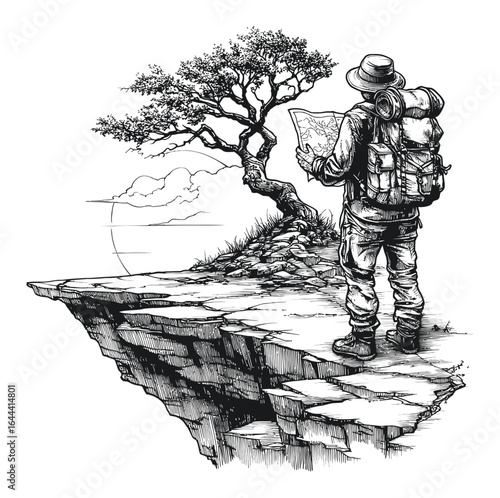 Hand-Drawn Engraving of Explorer with Map Near Edge of Cliff