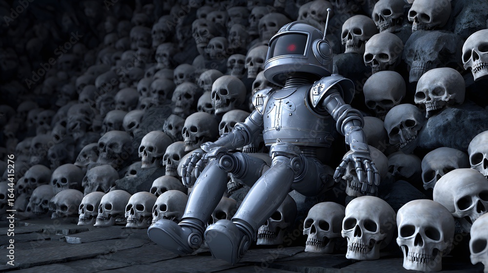 Obraz premium A metallic robot sits amidst a multitude of skulls.
