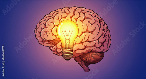 Luminous lightbulb glowing inside a detailed, illustrated human brain, symbolizing a bright idea.