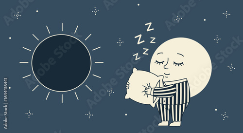 Illustration of a sleepy moon character hugging a pillow under starry sky during night time scene