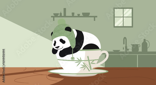Illustration of a sleepy panda bear wearing a hat, nestled inside a teacup on a table