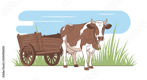 Illustration of a spotted cow pulling a wooden cart in a rural setting depiction
