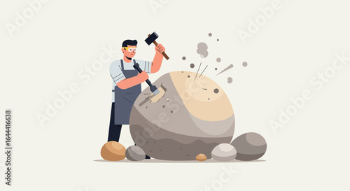 Illustration of a stonemason chiseling a large stone into a sculpture with precision and skill depicting the artist's craft