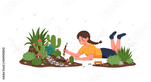 Illustration of a young woman tending to a miniature garden filled with succulents and cacti plants in a whimsical setting