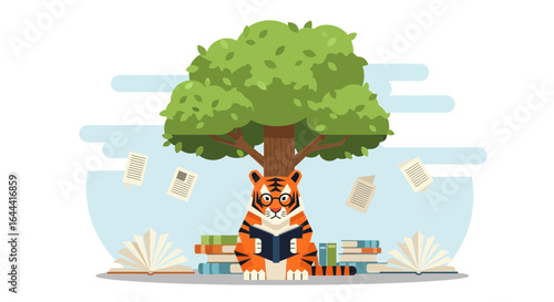 Illustration of a tiger reading a book under a tree surrounded by books and papers showing educational theme and animals