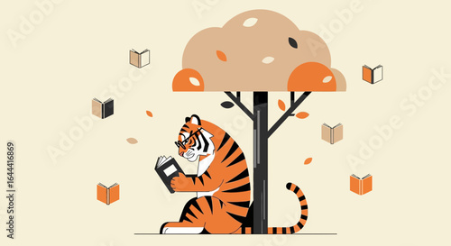 Illustration of a tiger reading a book under a tree surrounded by floating books for education