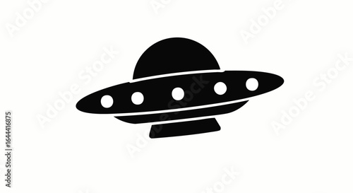 Minimalist Black Flying Saucer UFO Icon with White Circular Lights and Dome