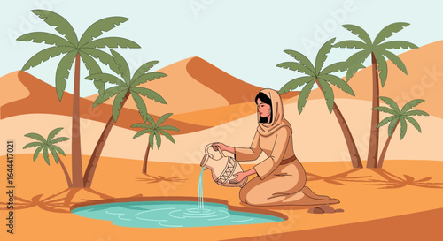 Illustration of a veiled woman pouring water into a desert oasis surrounded by palm trees