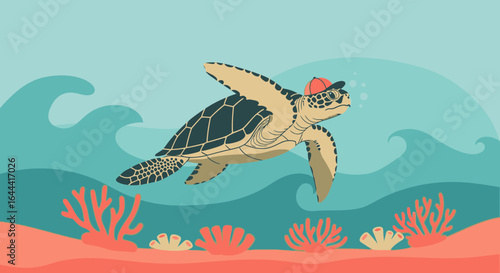 Illustration of a turtle wearing a cap swimming in the ocean among coral reefs