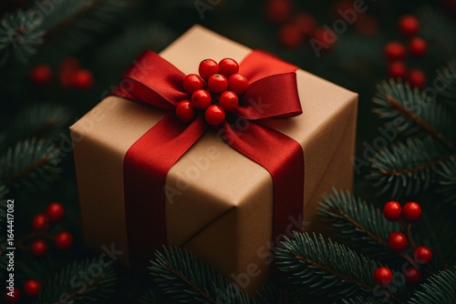 Christmas gift wrapped in kraft paper, adorned with crimson ribbon and winterberry, resting on evergreen branches, evoking seasonal warmth and holiday charm