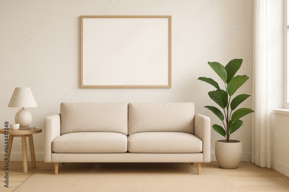 Fototapeta premium Modern minimalist living room featuring a beige sofa, blank artwork frame, potted plant, wooden table with lamp and bowl, and natural fiber rug on light wooden floor