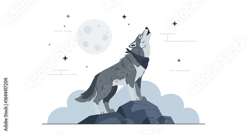 Illustration of a wolf howling at the moon on top of a rock at night
