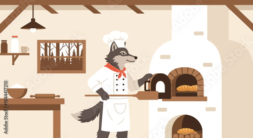 Illustration of a wolf chef baking bread in a traditional oven for children's stories