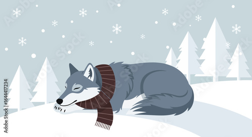 Illustration of a wolf wearing a scarf sleeping in a snowy winter landscape with trees and snowflakes falling gently