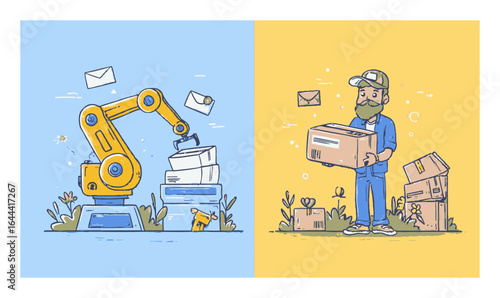 Cartoon Illustration of Delivery Automation and Human Package Handling