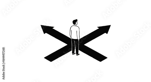 Minimalist line art illustration of a man from behind, standing at a crossroads of two diverging black arrows, contemplating a choice.
