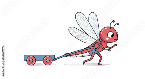 Illustration of an insect pulling a cart with determination against white background