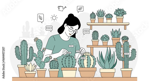 Illustration of a woman caring for potted cacti and succulents in a garden center