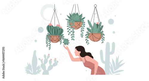 Illustration of a woman caring for hanging potted cacti and succulent plants with a minimalist style in a bright room