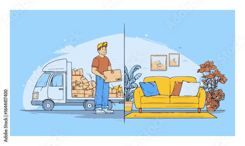Young Man with Delivery Box in Cartoon Style Home and Vehicle Illustration