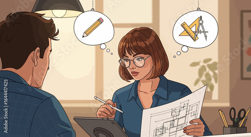 Illustration of architects brainstorming on blueprint ideas for a new design project collaboratively in a brightly lit office space