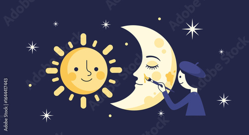 Illustration of artist painting face on crescent moon beside sun and stars against dark background