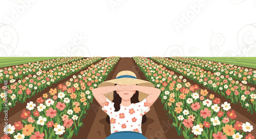 Illustration of a woman enjoying a flower field with hands covering eyes and a sunhat expressing joy