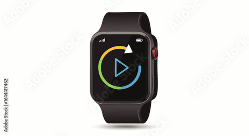Modern black smartwatch with a media player app, featuring a colorful circular progress bar and play icon.