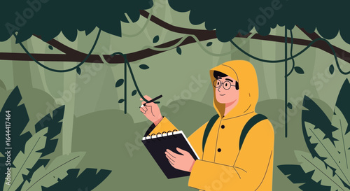 Illustration of botanist exploring a dense jungle vegetation with notebook and pen for scientific discovery and education research