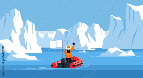 Illustration of explorer on a boat amongst icebergs in arctic landscape at daytime